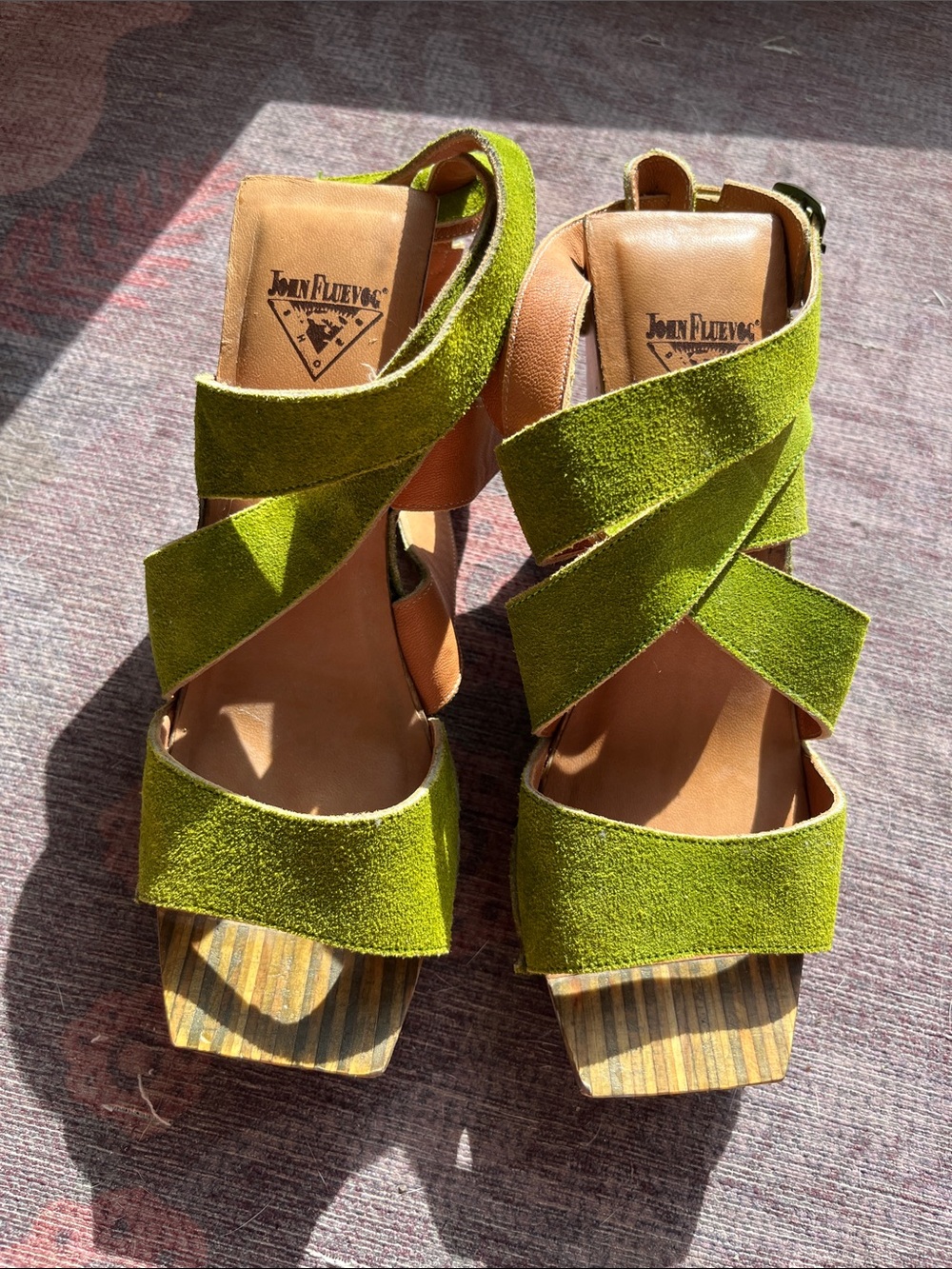 John Fluevog Lime Green Suede Crisscross Heeled Sandals